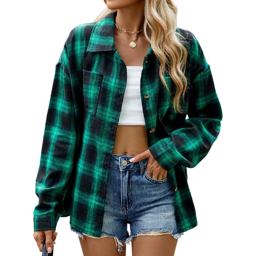 Autumn Winter Thick Long Shirts Lapel Long Sleeve Pocket Button Checkered Shirt Casual Plaid Blouse Jacket Top for Women