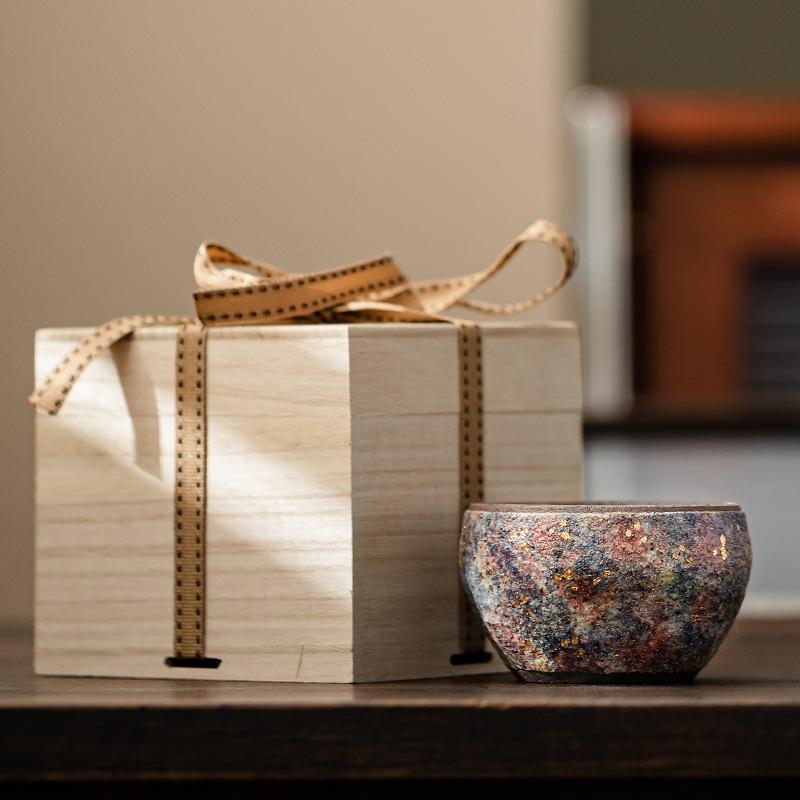 100ML Ancient Long Kiln Rock Mine Ceramic Park Cup Handmade Gold Pointing Meditation Teacup Tasting Master Tea Bowl Mug Gift Box