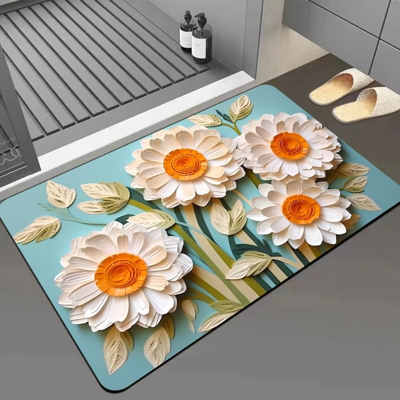 Green Flower Flat Surface Household Bathroom Toilet Absorbent Diatom Mud Floor Mat Non-slip Foot Mat Quick Dry Naked Eye 3D Floor Mat