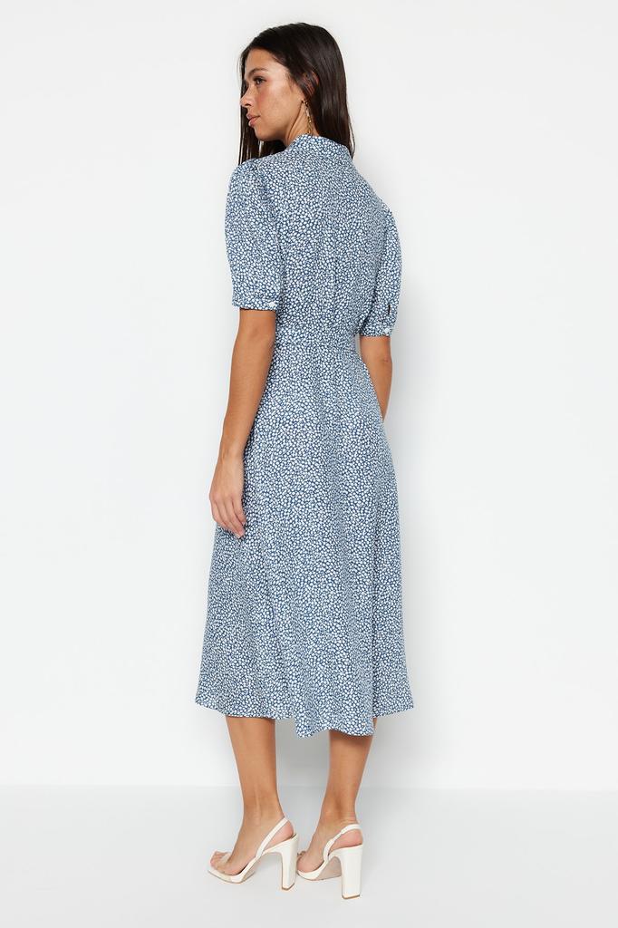 Women's Fashion New Dress Black Floral Pattern Slit Woven Shirt Dress