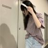Летние корейские футболки с коротким рукавом для женщин, винтажная фиолетовая полосатая повседневная свободная футболка Harajuku Y2k, топы, уличная одежда