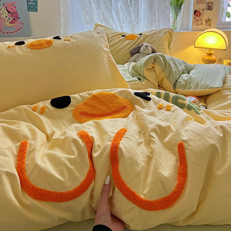 Cartoon Animal Embroidery Bedding Set For Adults Kids Cute Flat Fitted Sheet With Pillowcases Washed Cotton Colorful Full Size