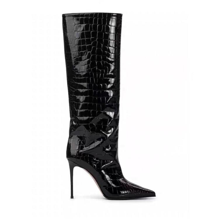 Fashion New Black Belt Buckle Tab High-heel Knee High Boots Autumn Winter Women Fashion Pole Dance Pointed Solid Color Long Boots 35-44