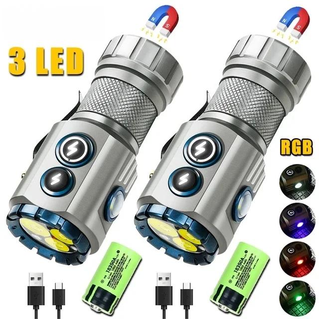 Powerful 2000LM EDC Flashlight Type-c Rechargeable Portable LED Torch RGB Side Lamp with Tail Magnet For Camping Hiking Lantern
