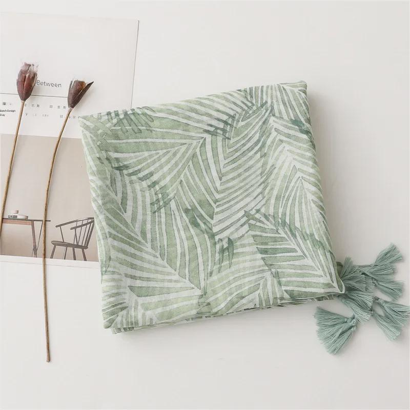 Синий шелковый шарф в стиле бохо с банановыми листьями - солнцезащитная шаль с кисточками