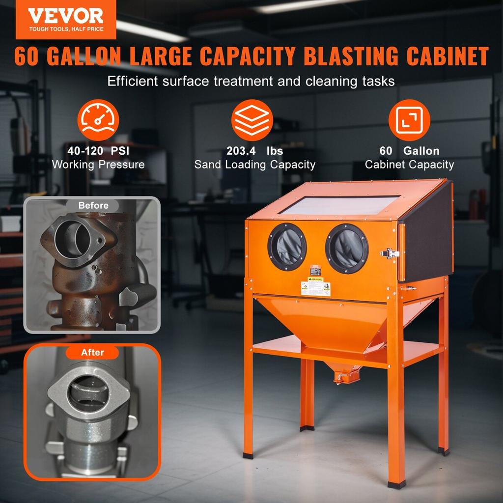 60 Gallon Sand Blasting Cabinet with Stand with Blasting Gun & 4 Nozzles
