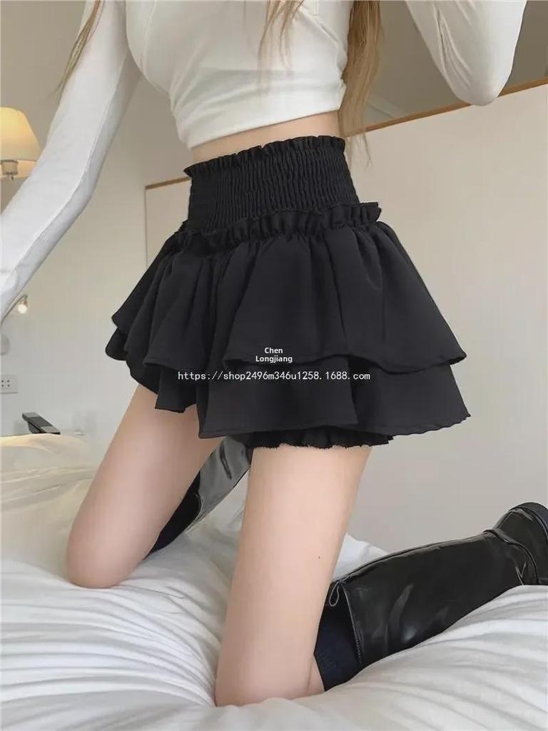 Black Windproof Pleated A-Line Skirt: High Waist, Slim Fit, Women's Ballet Cake Style with Shorts.