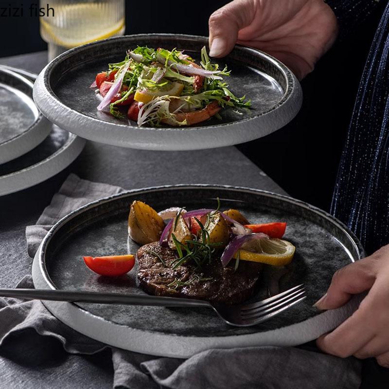 Creative Circular Ceramic Flat Plate Steak Plate Pasta Plate Dessert Snack Plates Sushi Plates Restaurant Specialty Tableware
