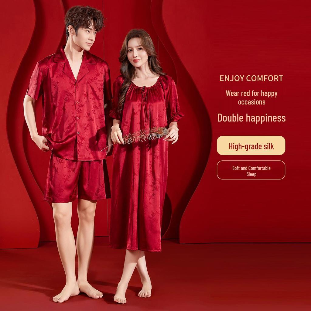 Predestined Match: Bamboo Leaf Jacquard Ice Silk Pajama Set In Festive Red - Autumn/Winter Collection