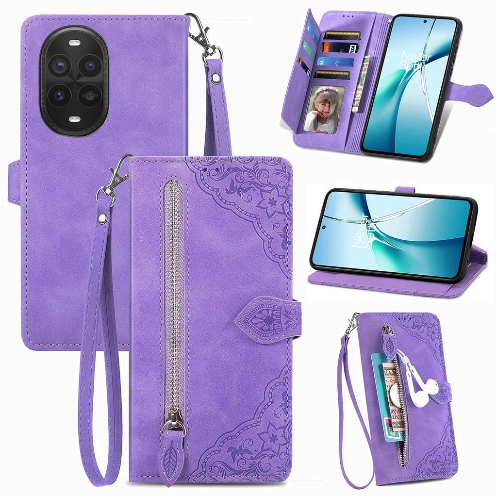 Чехол-кошелек на молнии для Huawei nova 13 Pro 5G с ремешком, с цветочным тиснением, из ПУ кожи, чехол для телефона
