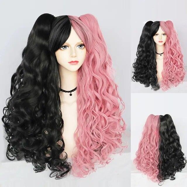 Парик для косплея Синтетический длинный цветной вьющийся парик для косплея Лолиты для девочек с двойными хвостиками и 1 шапочкой для парика