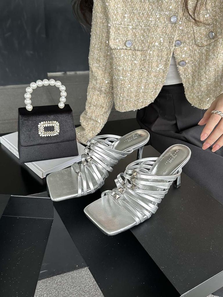 Модные женские тапочки с узкой резинкой 2024 года, новые поступления, модные шлепанцы на тонком высоком каблуке, черные, золотые, серебряные, белые, неглубокие слипоны на мюлях