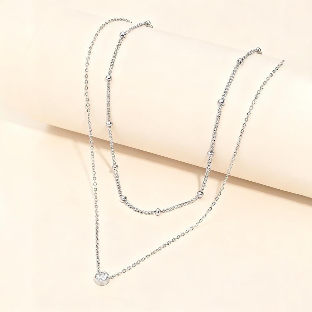 Stainless Steel Waterproof Double Layer Single Zircon Pendant Necklace for Women Fashion Stacking Beaded Clavicle Chain Jewelry