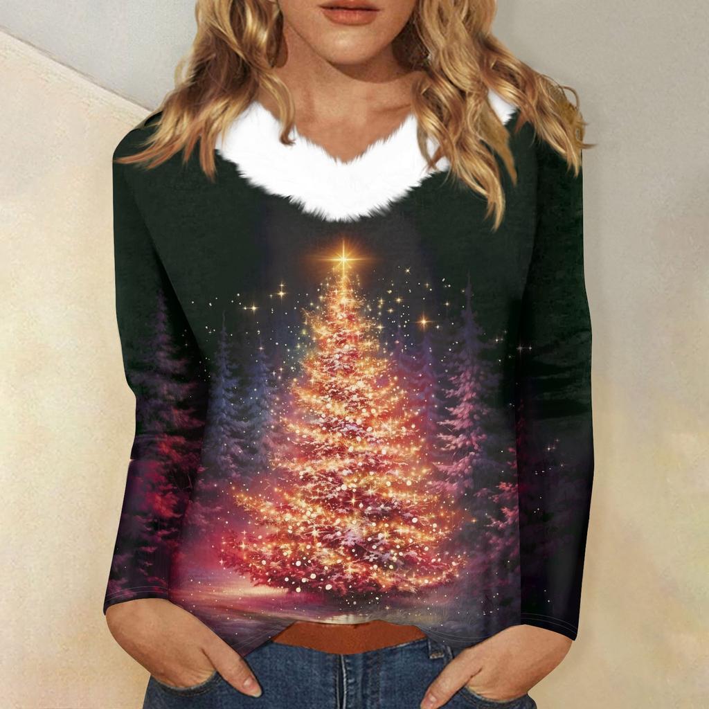 Women's T Shirt Shirt Long Sleeve Christmas Party Printed Plush Collar V Neck  Top