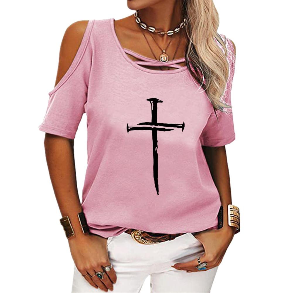 Women Casual Round Neck Off Shoulder Top Female Fashion Tee Shirt Summer Printed Loose Short Sleeve T-shirt