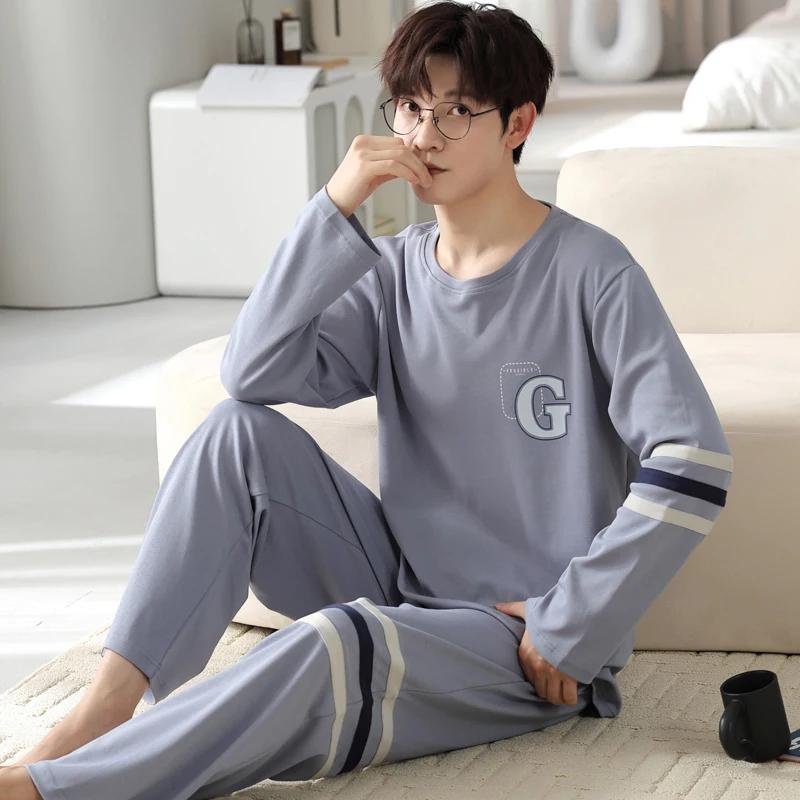 2-Piece Spring and Fall Men's Cotton Pajamas Set Boys Soft Long-Sleeved Sleep Rest Home Party Pajamas Men's Casual Homewear