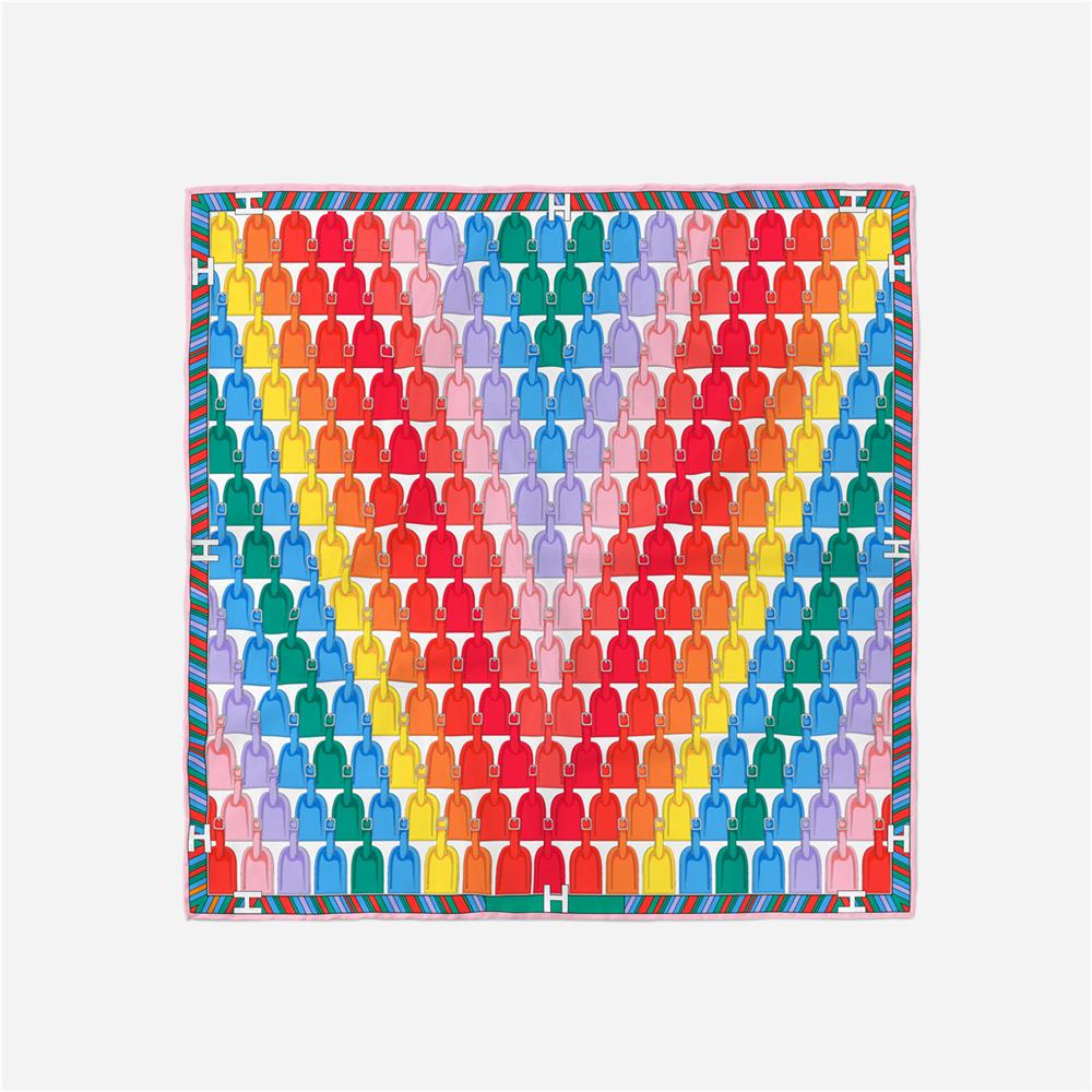 Twill Silk Scarf Woman Geometric Painting Square Scarves Wraps Bandana Small Hijab Silk Foulards Tie Headband Neckerchief 53CM