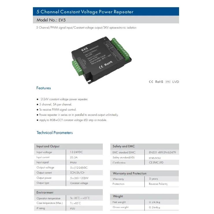 Усилитель сигнала постоянного напряжения DC12V-24V, 1-5 каналов, EV1-X/ EV3-X/ V4-X/ EV5, одноцветный, двухцветный, RGB, RGB+CCT