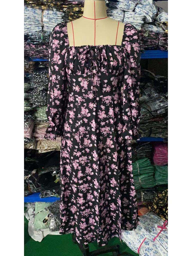 2025 Spring & Autumn European-American Bohemian Backless Print Long Sleeve Dress