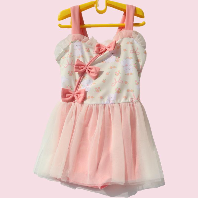 Korean Style Girls' Floral Strappy One-Piece Swimsuit with Bowknot and Gauze Skirt