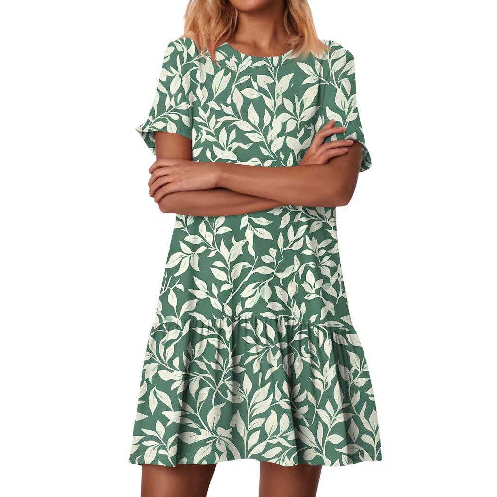 Женские модные повседневные платья с круглым вырезом и коротким рукавом с оборками и винтажным принтом