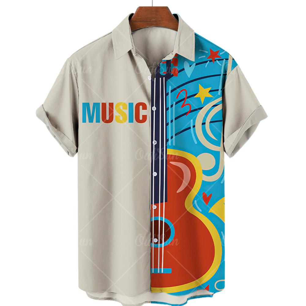 Summer Hawaiian Shirts For Men Music Guitar Printed Tops Clothing Fashion Casual Oversized Collar Rock And Roll Blouses
