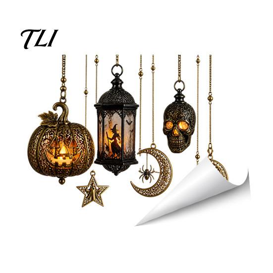 Easy to Apply Wall Stickers Spooky Halloween Window Static Sticker, Pumpkin Bat And Witch Patterns Self Adhesive Film Printed, Decorative