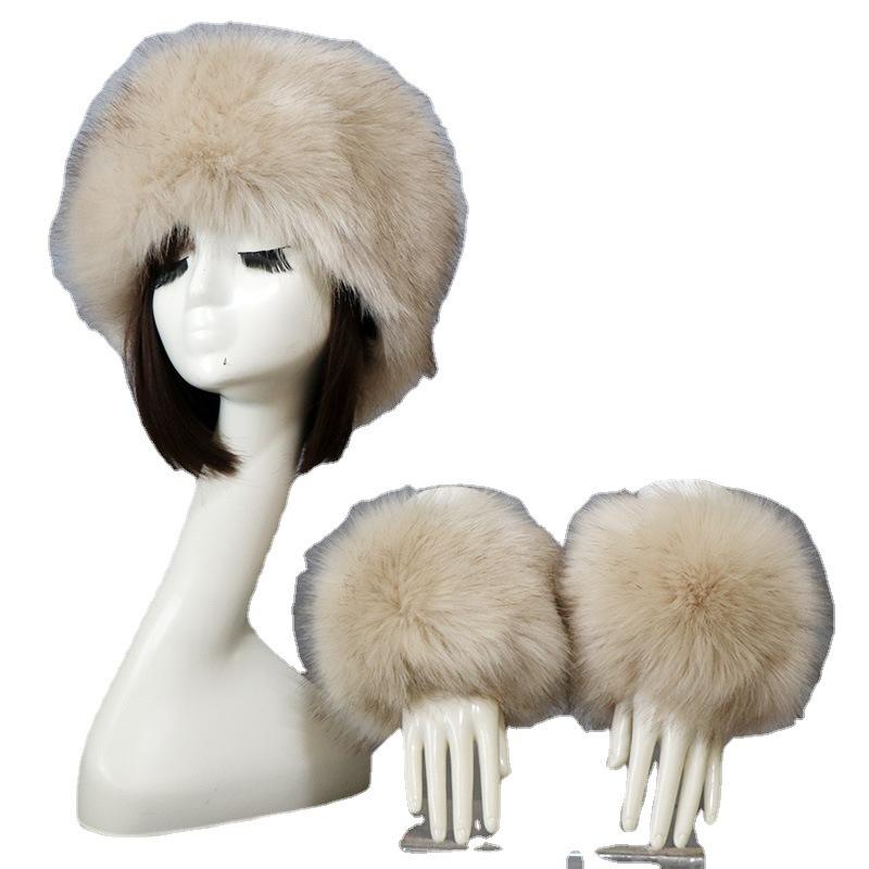 Cuff hat two-piece set, men's and women's imitation fur, fluffy flat top hat, warm cuffs, winter ear protection hat, simple and fashionable