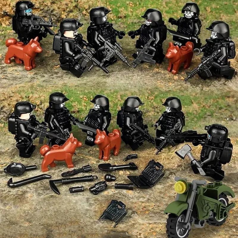 Военная фигурка из строительных блоков Черный солдат спецназа Беспорядки Вооруженный мотоцикл Игрушка 6 наборов Pyp