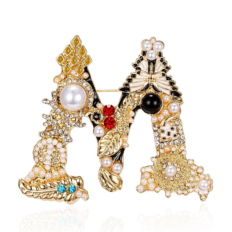 Vintage Letter A D G S M Enamel Imitation Pearls Brooches Women Baroque Alphabet Initial Pins Wedding Jewelry