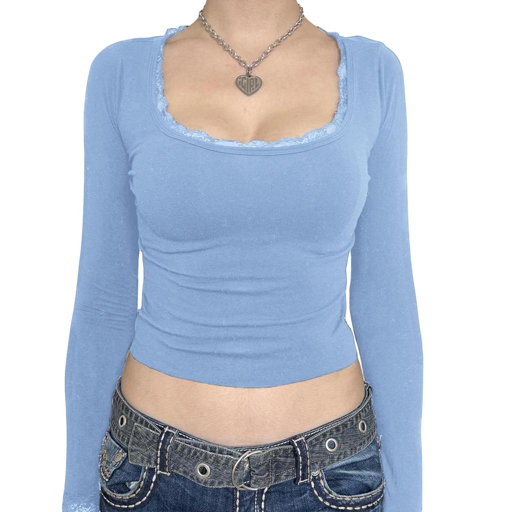 Женские короткие футболки с кружевной отделкой, рубашки с длинным рукавом и круглым вырезом, весенне-осенние облегающие топы, уличная одежда