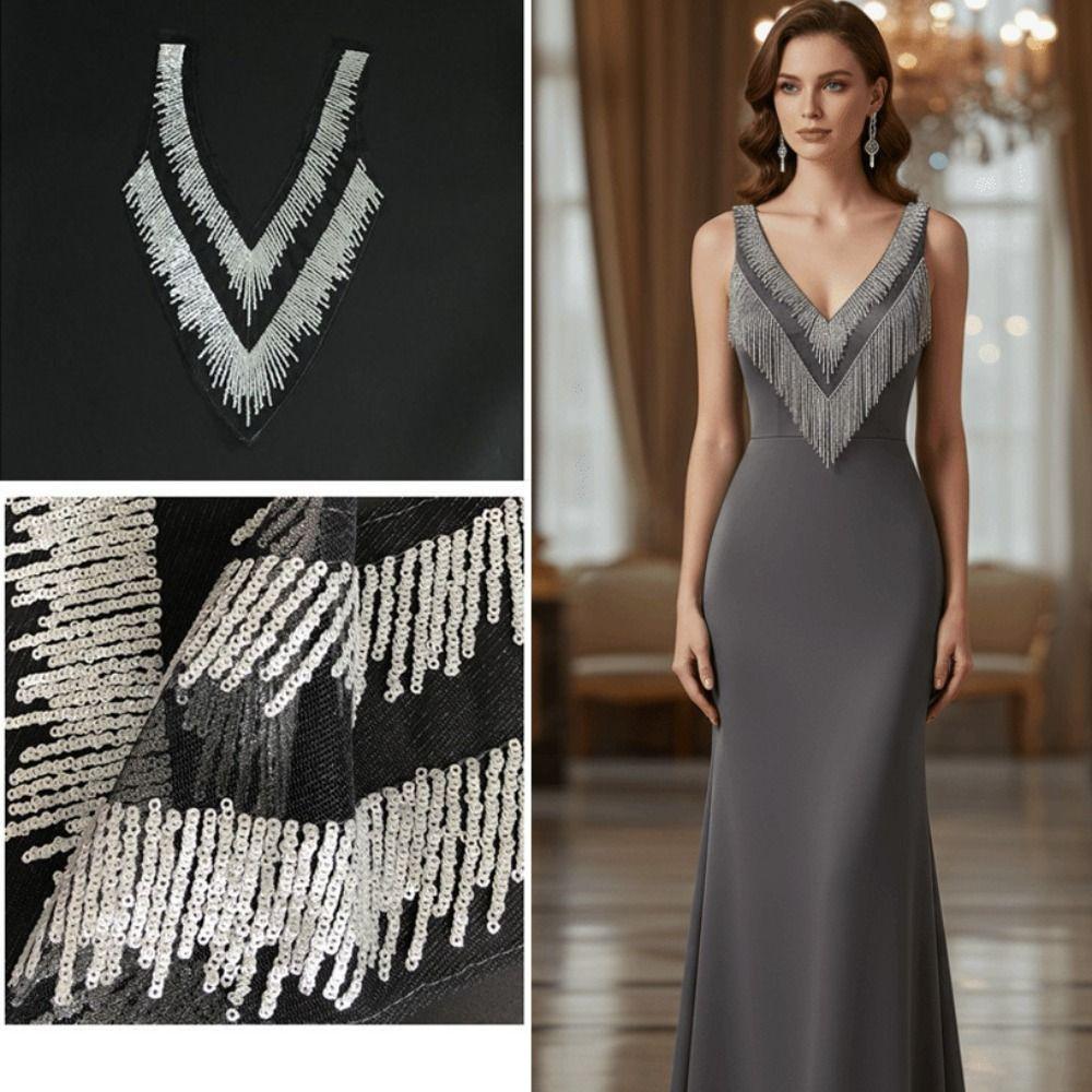 V Collar Design Mesh Lace Appliques Silver Sequins Dress Decoration Appliques Gown Embellishment