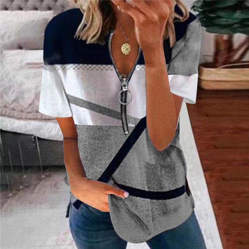 Женская летняя повседневная свободная футболка с коротким рукавом и V-образным вырезом на молнии с принтом