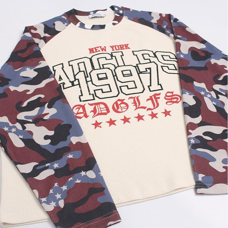 Мужская винтажная камуфляжная футболка с длинным рукавом свободного кроя Streetwear хлопковый топ с круглым вырезом