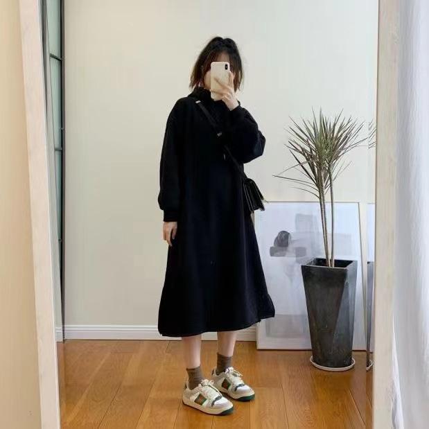 Autumn Winter Hooded Dresses for Women Baggy Korean Style Long Hoodie Gray Dresses