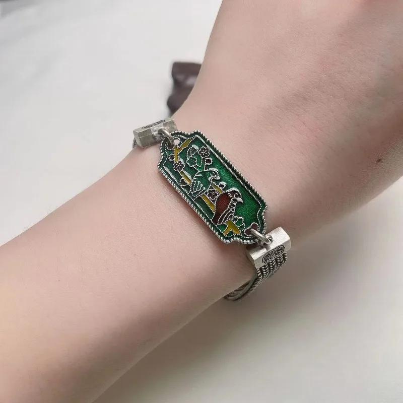 Классический Винтажный Изысканный Браслет в Дворцовом Стиле с Зелевой Эмалью и Сорокой для Женщин Грубый Цепочный Браслет Ювелирные Изделия