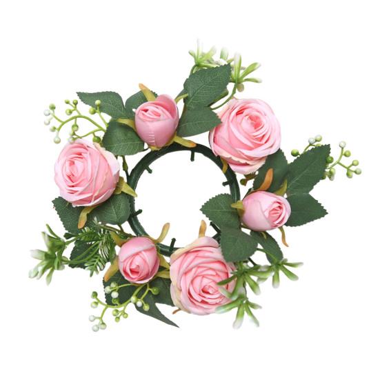 Mini Artificial Wreath Candle Ring Realistic Faux Rose Garland with Plastic Base Candle Wine Decoration Weddings Party Dining Table Centerpiece