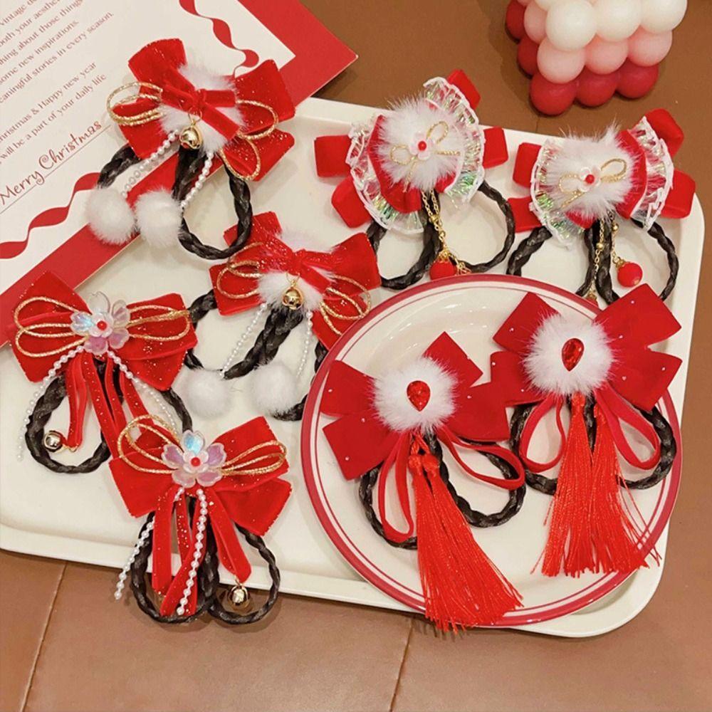 Ancient Style Children's New Year Hairpin Princess Wig Braid New Year Bow Hairpins Plush Ball Ribbon Tassels