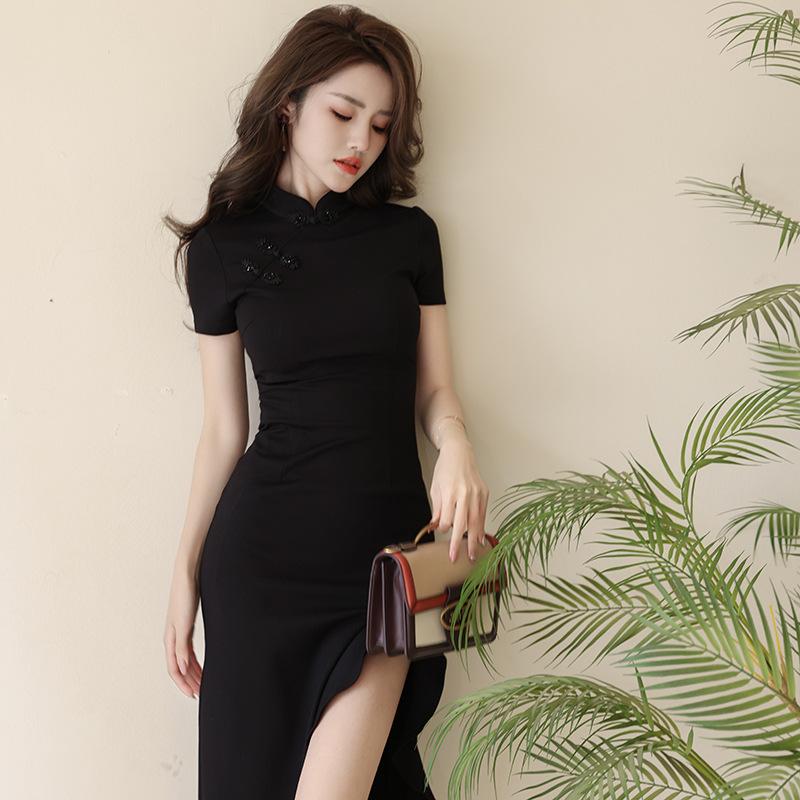 GMXIA Летнее женское новое китайское модифицированное повседневное платье Cheongsam, черное нерегулярное платье «рыбий хвост»