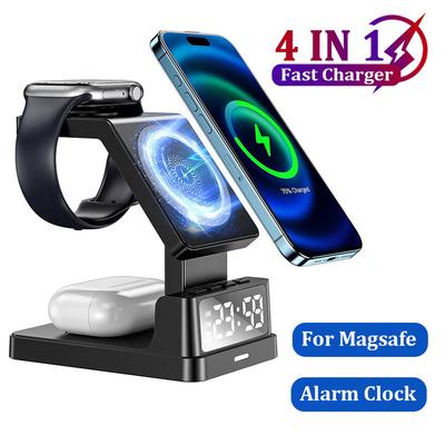 Магнитная беспроводная зарядка 4-в-1 для Magsafe iPhone 16 15 14 13 12 Apple Watch AirPods Pro Будильник Станция быстрой зарядки
