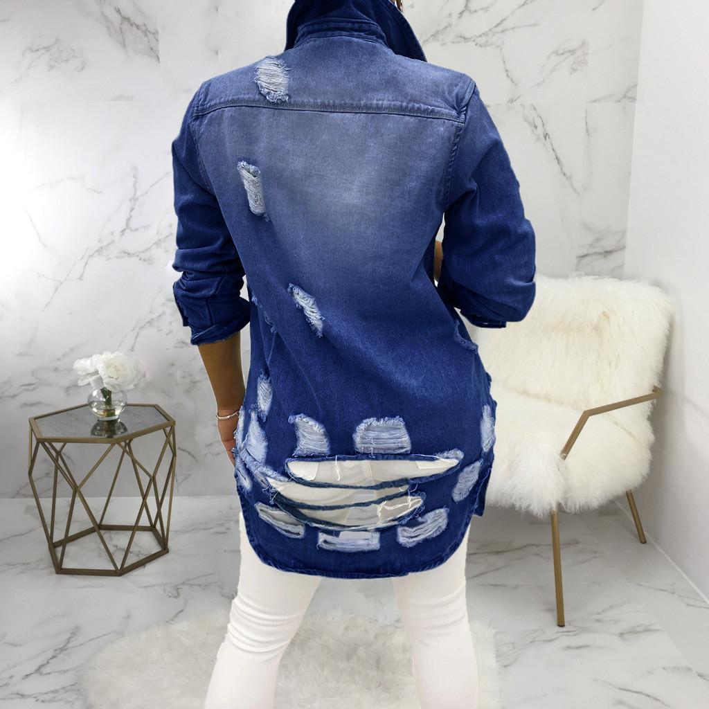 Women Casual Fashion Denim Jacket Long Jean Denim Jacket with Holes Showing Thin