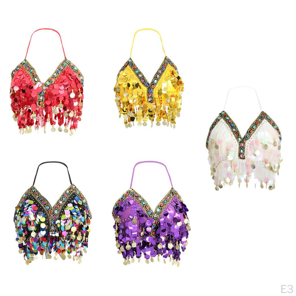 Womens Sparkling Belly Dance Bra Sequins Tassel Coins Top Dancing Costume - Red, As Described