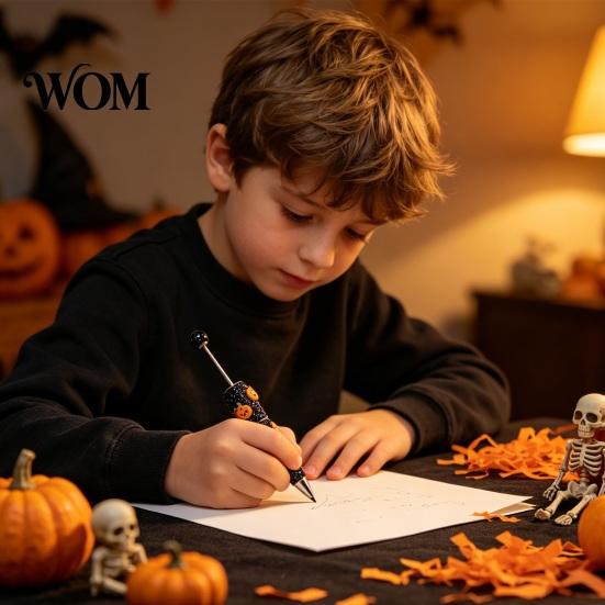 Holiday Party Favor Pen Rhinestone Beadable Pen, Glitter Plastic Beaded Halloween Pumpkin Ghost Skull Sparkly Gel Ink for DIY Craft Making,