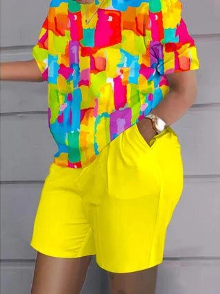 Летние красочные принты женские комплекты из двух частей повседневные футболки с коротким рукавом и круглым вырезом и шорты домашняя одежда шорты с коротким рукавом из двух частей