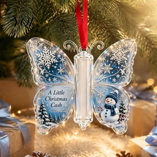 Personalized Cash Surprise Ornament Christmas Money Holder Ornament, Acrylic Hanging Decor with Vintage Festive for Family Butterfly Print,