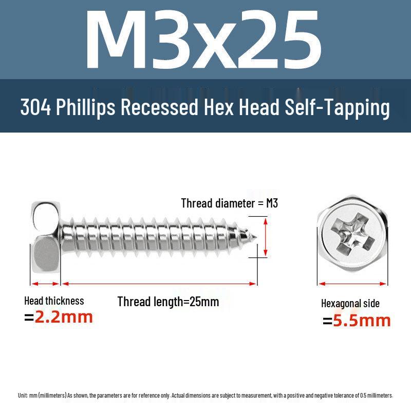 Yigu 304 Stainless Steel Phillips Recessed Hex and Slotted Self-Tapping Screws for Wood, M3-M8