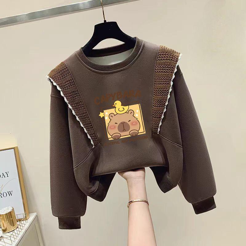 Children's Casual Capibara Hoodie Autumn and Winter Girls' Fashionable Ruffled Long-sleeved Coat