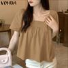Women Girls Summer Square Collar Short Sleeve Buttons Casual Ruffled Blouse