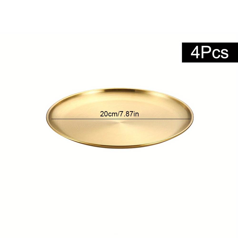 4Pcs Stainless Steel Storage Tray Luxurious Brass Gold Round Plate Fruit Cake Steak Snack Kitchen Metal Storage Tableware Dish