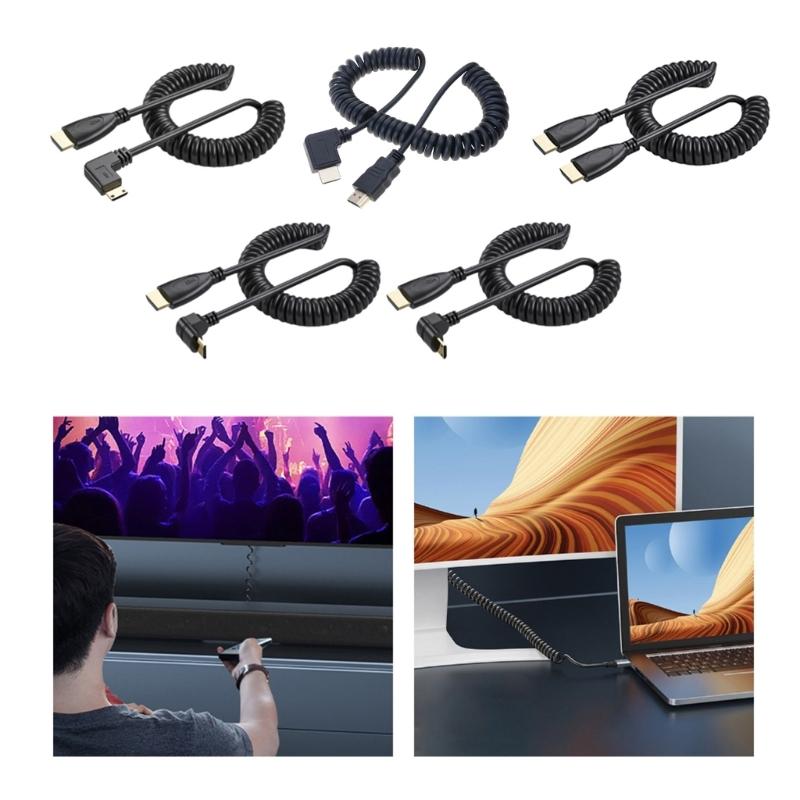 90 Degree Mini HDMIcompatible Male to HDMIcompatible Male Spring Coils Cable Version 1.4 Video Cable Supports 1080P Resolutions